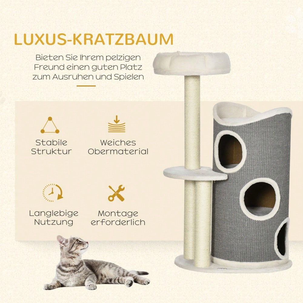 PawHut Kratzbaum 109 cm mit Kratztonne & Katzenbett, moderner Katzenbaum mit Sisalsäulen, weiß/grau