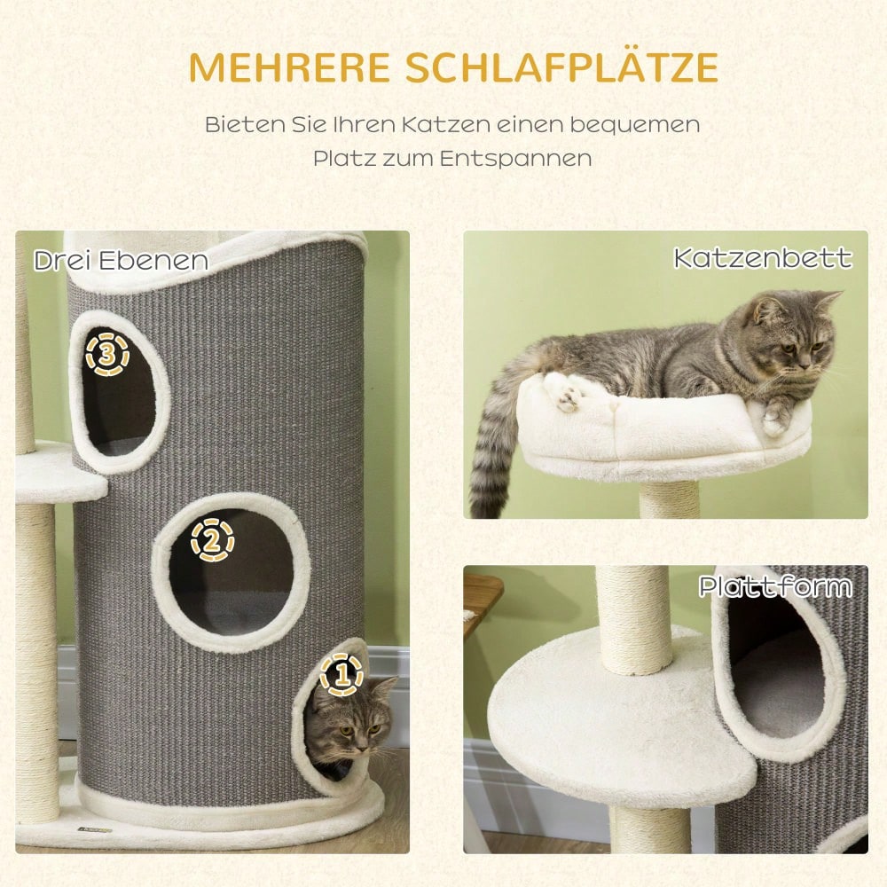 PawHut Kratzbaum 109 cm mit Kratztonne & Katzenbett, moderner Katzenbaum mit Sisalsäulen, weiß/grau