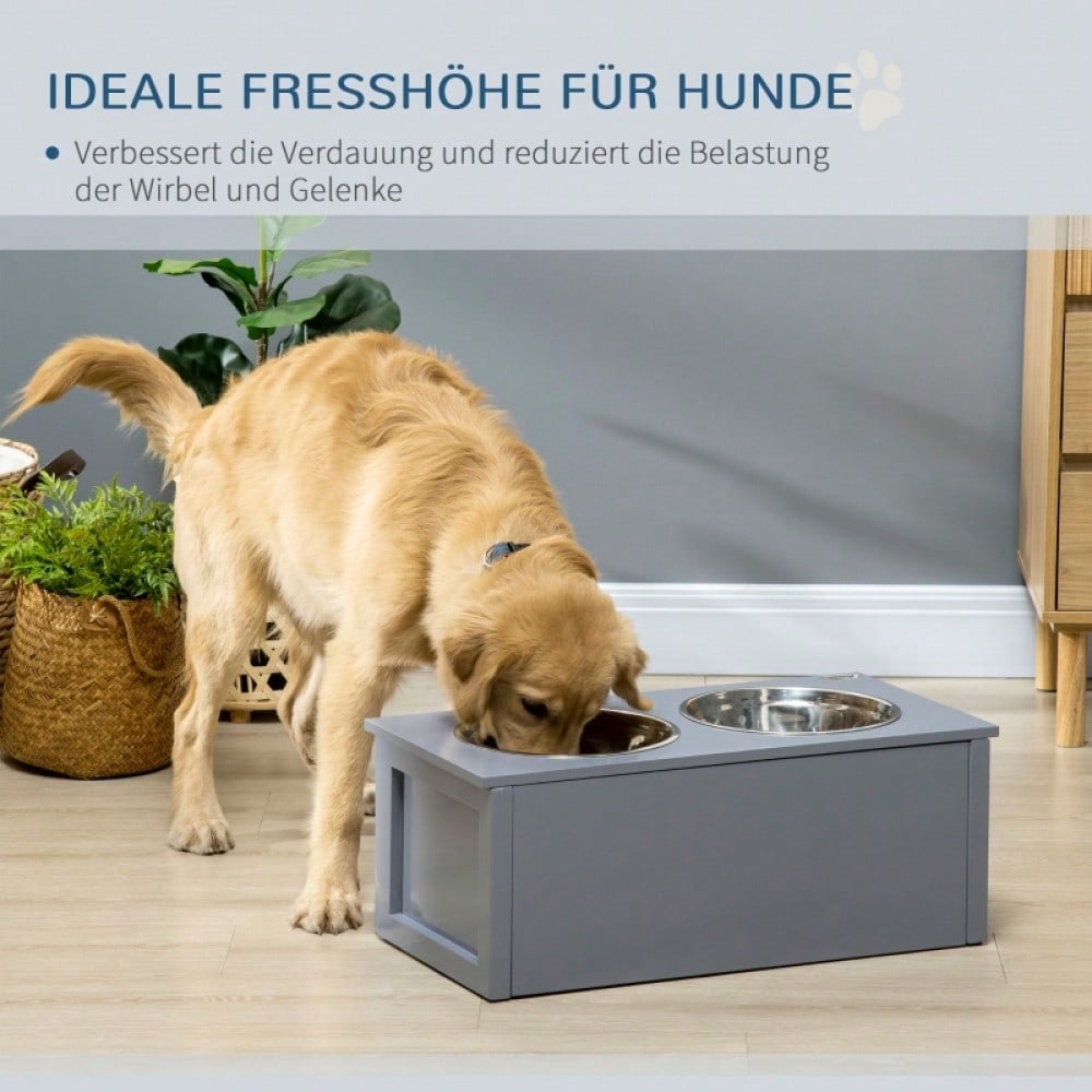 PawHut Futterstation für Hunde mit 2x2L Edelstahlnäpfen & Schublade, für mittelgroße Hunde, grau, 60x30x24 cm