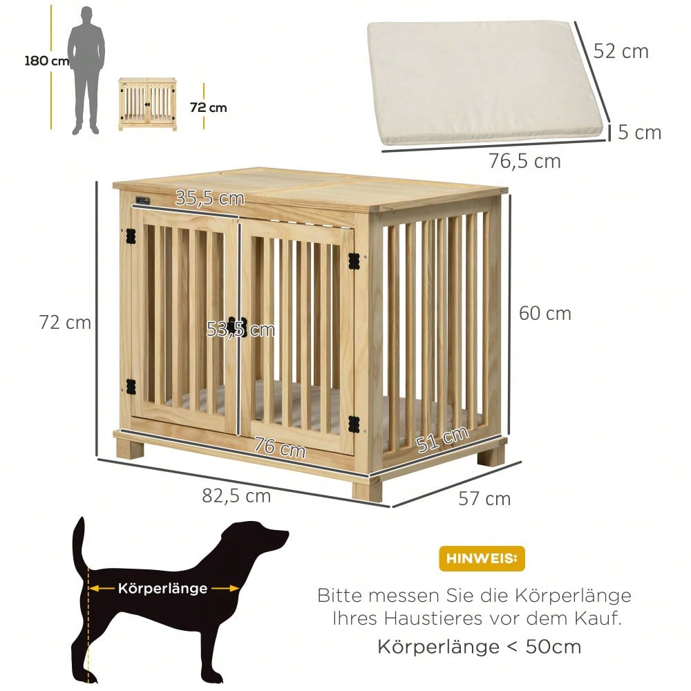 PawHut Hundekäfig für mittelgroße Hunde, mit Kissen & Hundehütte aus Naturholz, cremeweiß, 82,5x57x72 cm