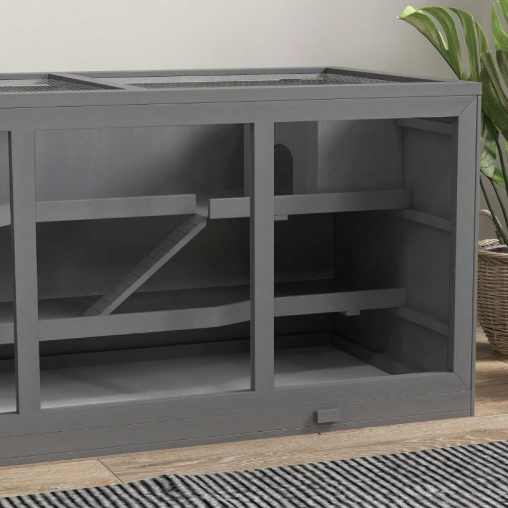 PawHut Nagervilla aus Holz dreistöckig, mit Treppen, für Zwerghamster & Nager, grau, 115x57x55 cm