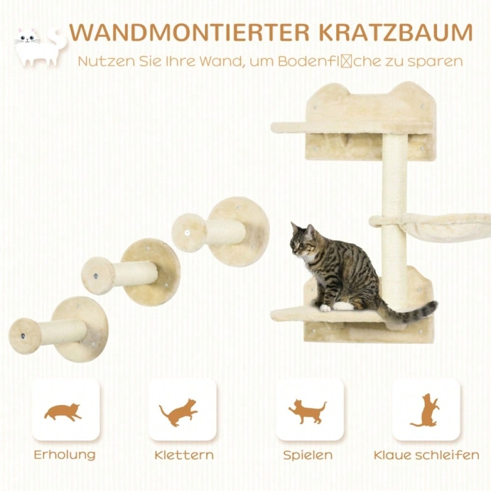 PawHut Kletterbaum-Set 4-tlg für Katzen, mit Kletterstufen, Kletterwand, Kratzbaum & Hängematte, beige/cremeweiß, 40x28x73 cm