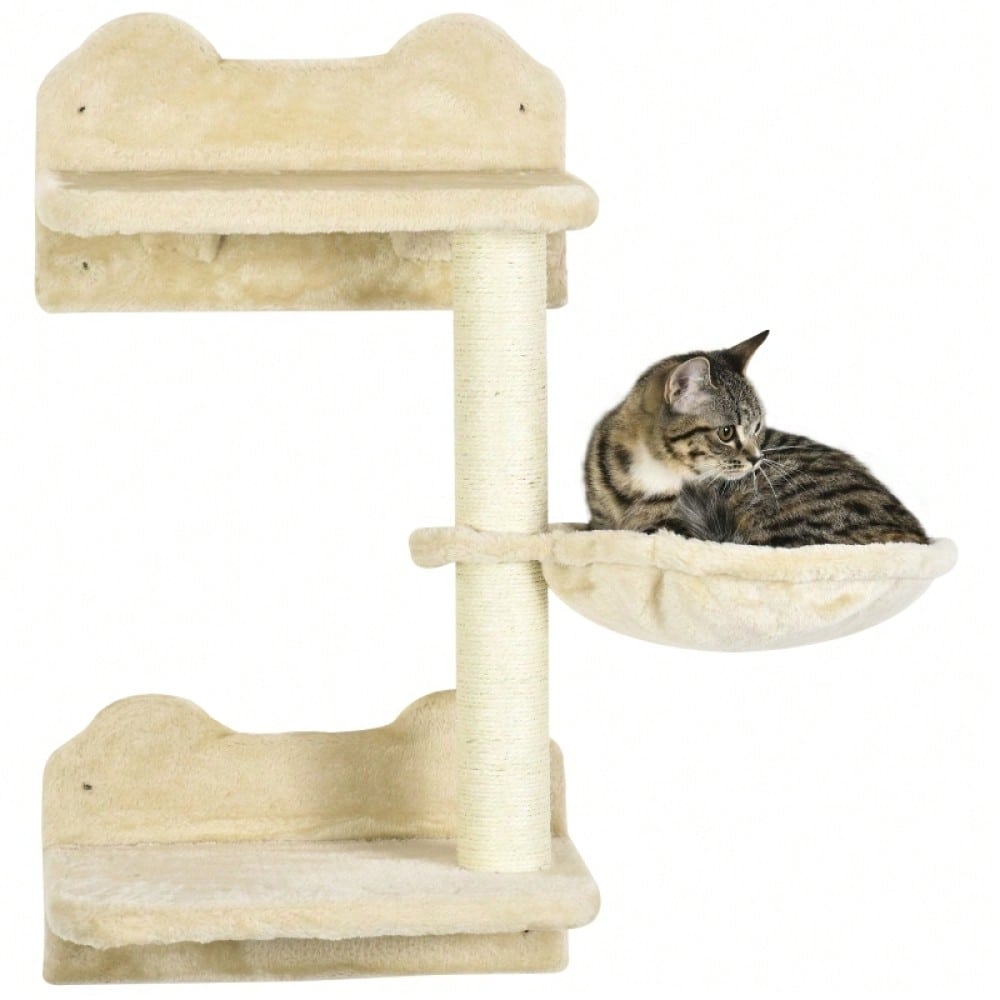 PawHut Kletterbaum-Set 4-tlg für Katzen, mit Kletterstufen, Kletterwand, Kratzbaum & Hängematte, beige/cremeweiß, 40x28x73 cm