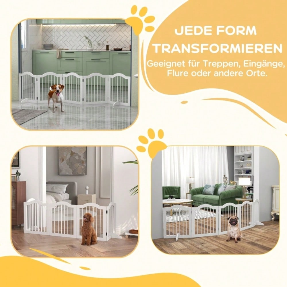 PawHut Absperrgitter für Hunde 5-teilig, klappbar & flexibel, aus Massivholz & MDF, weiß, 254,5x29,5x61 cm