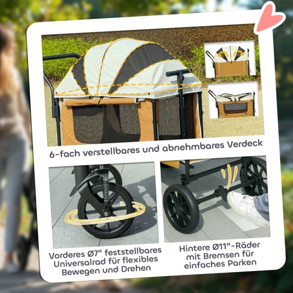 PawHut Hundebuggy klappbar für Hunde & Katzen bis 30 kg, Transportwagen mit Luftreifen, stabil, braun, 110x65x102 cm