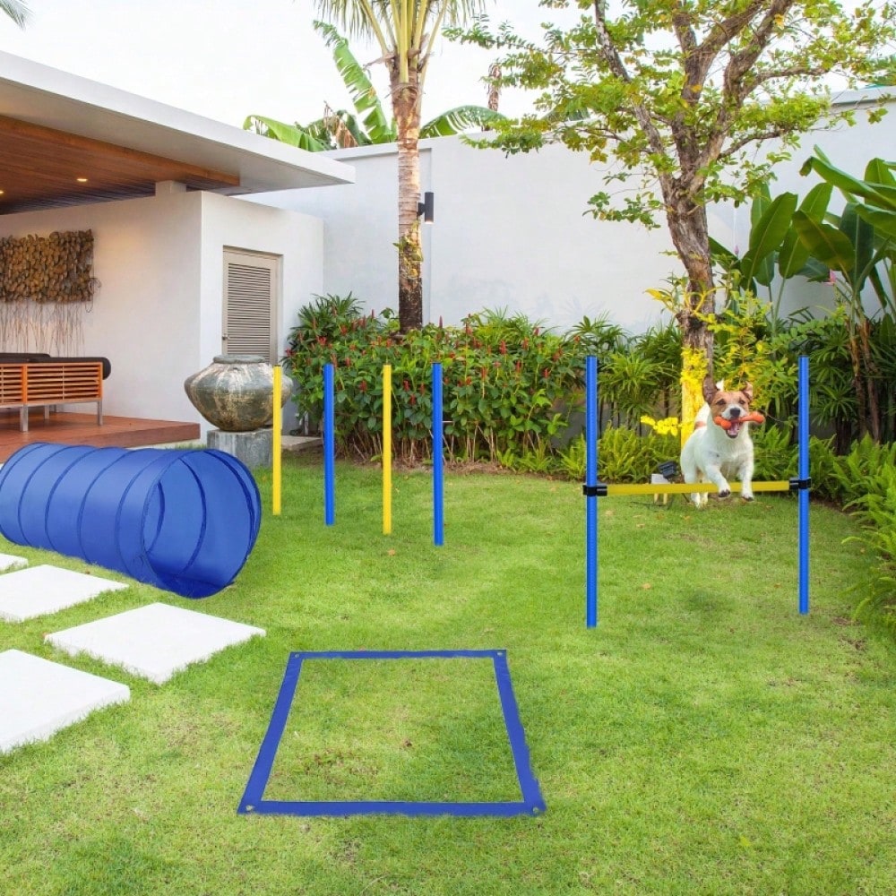 PawHut 5-teiliges Agility Set für Hunde - Höhenverstellbarer Parcours mit Tunnel, Slalomstangen, Hürden & Pause-Box - Komplettset mit Tragetasche für Hundetraining und Spiele im Freien