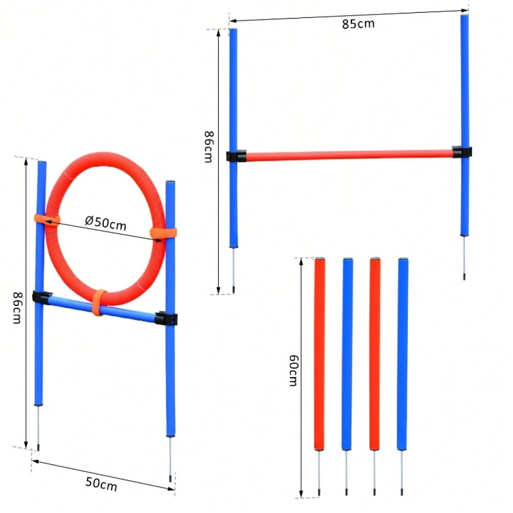 PawHut 3-in-1 Agility Set für Hunde - Trainingsgeräte mit Slalomstangen, Hürde & Sprungring - Komplettset für Hundesport & Agility-Training, Farbe: Blau/Rot