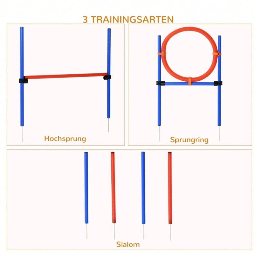 PawHut 3-in-1 Agility Set für Hunde - Trainingsgeräte mit Slalomstangen, Hürde & Sprungring - Komplettset für Hundesport & Agility-Training, Farbe: Blau/Rot