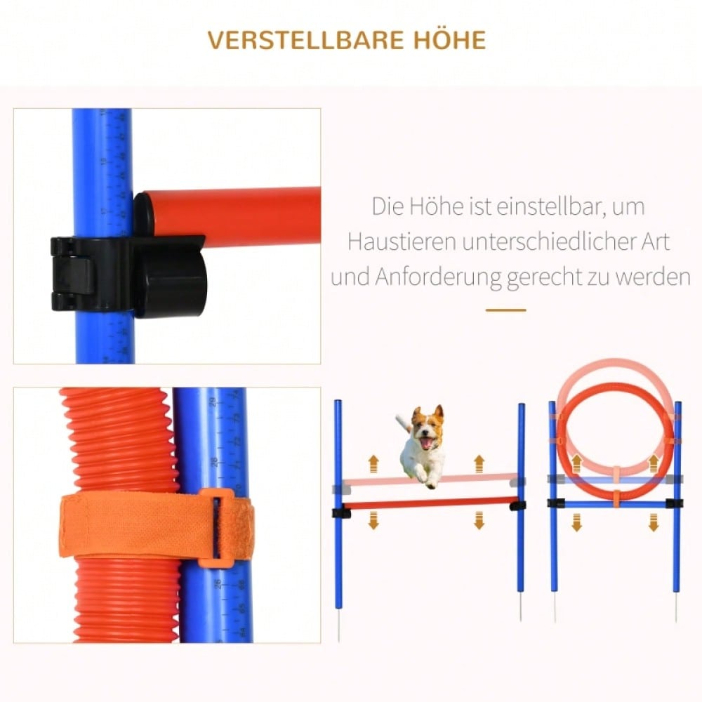 PawHut 3-in-1 Agility Set für Hunde - Trainingsgeräte mit Slalomstangen, Hürde & Sprungring - Komplettset für Hundesport & Agility-Training, Farbe: Blau/Rot