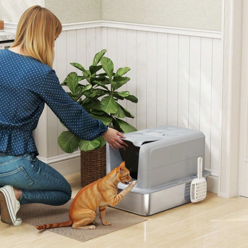 PawHut Geschlossene Katzentoilette mit Deckel - Katzentoilette mit Edelstahl-Wanne und Filter, inkl. Schaufel - Für kleine Katzen bis 6 kg, Maße: 40,5x60,5x41,5 cm (LxBxH), Farbe: Grau/Silber