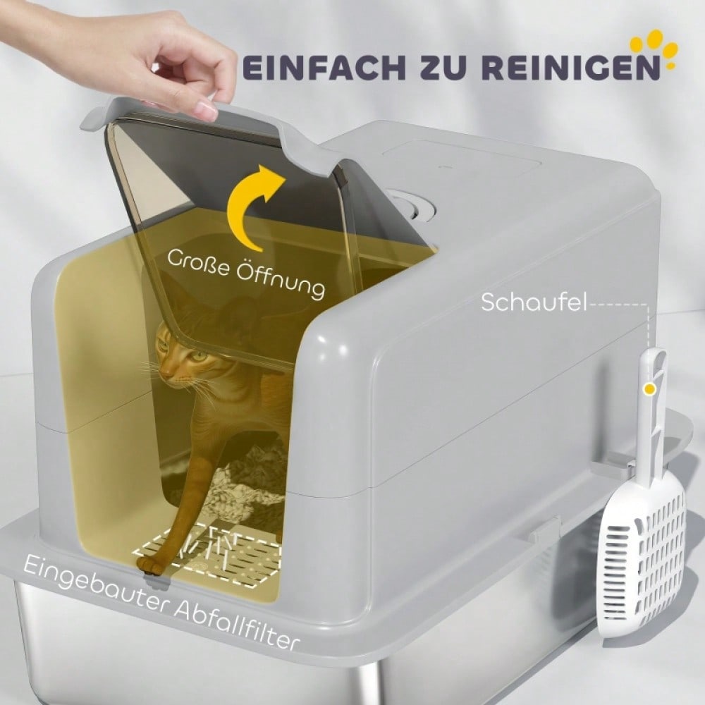PawHut Geschlossene Katzentoilette mit Deckel - Katzentoilette mit Edelstahl-Wanne und Filter, inkl. Schaufel - Für kleine Katzen bis 6 kg, Maße: 40,5x60,5x41,5 cm (LxBxH), Farbe: Grau/Silber