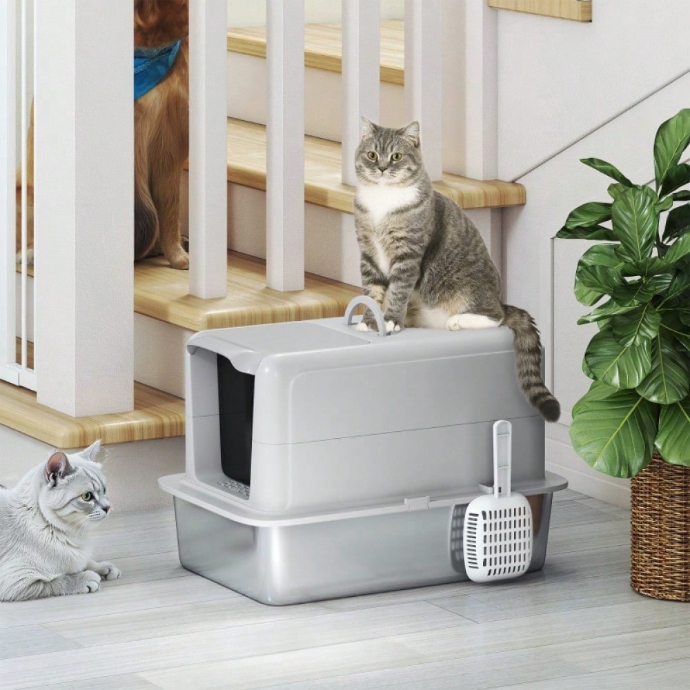 PawHut Geschlossene Katzentoilette mit Deckel - Katzentoilette mit Edelstahl-Wanne und Filter, inkl. Schaufel - Für kleine Katzen bis 6 kg, Maße: 40,5x60,5x41,5 cm (LxBxH), Farbe: Grau/Silber