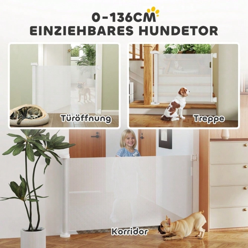 Türschutzgitter Treppenschutzgitter Ausziehbar, PawHut - Verstellbar von 0-136 cm, 87 cm hoch - Für Haustiere & Babies, Montage ohne Bohren, Weiß