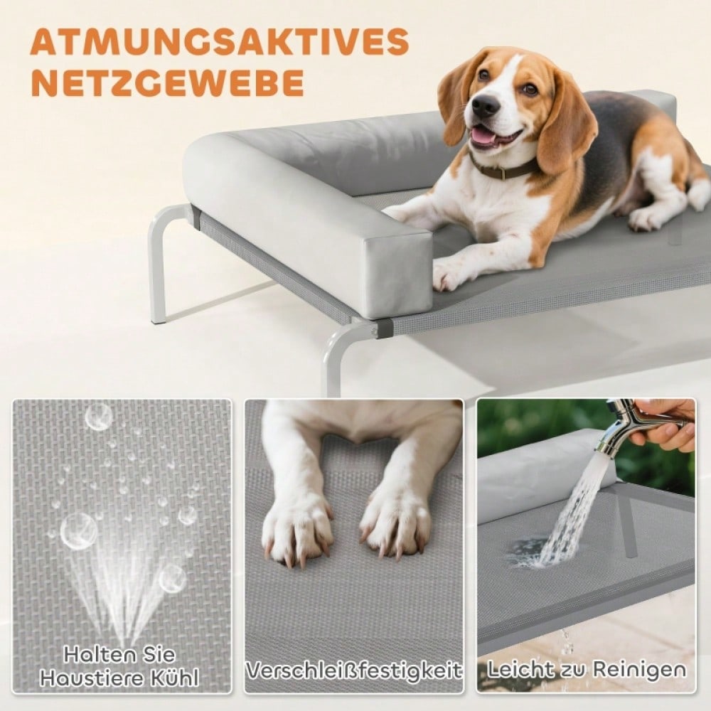 Hundebett Outdoor Erhöht, PawHut - Für mittelgroße Hunde mit L-Kissen - Wetterfeste Hundeliege für draußen, 110x75x30 cm, Hellgrau