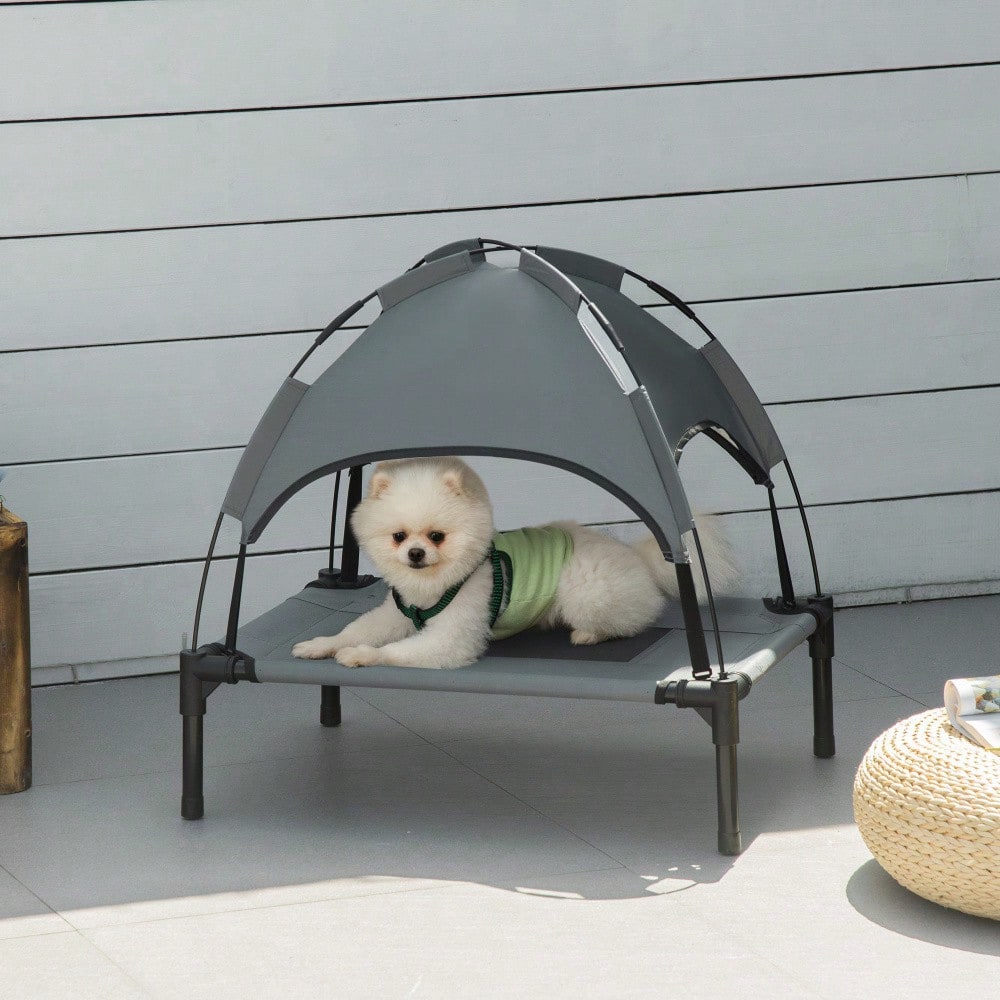 Hundebett Outdoor mit Dach, PawHut - Erhöhte Hundeliege mit Baldachin für Terrasse & Garten - Atmungsaktives, wetterfestes Haustierbett, 61x46x62 cm, Grau