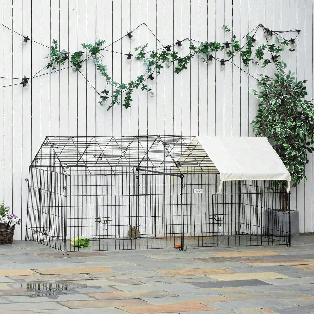 PawHut Freigehege für Kaninchen mit Sonnenschutzdach - Großes Außengehege aus Metall, 220x103x103 cm - Kleintierstall für Garten & Terrasse, Farbe: Beige/Schwarz