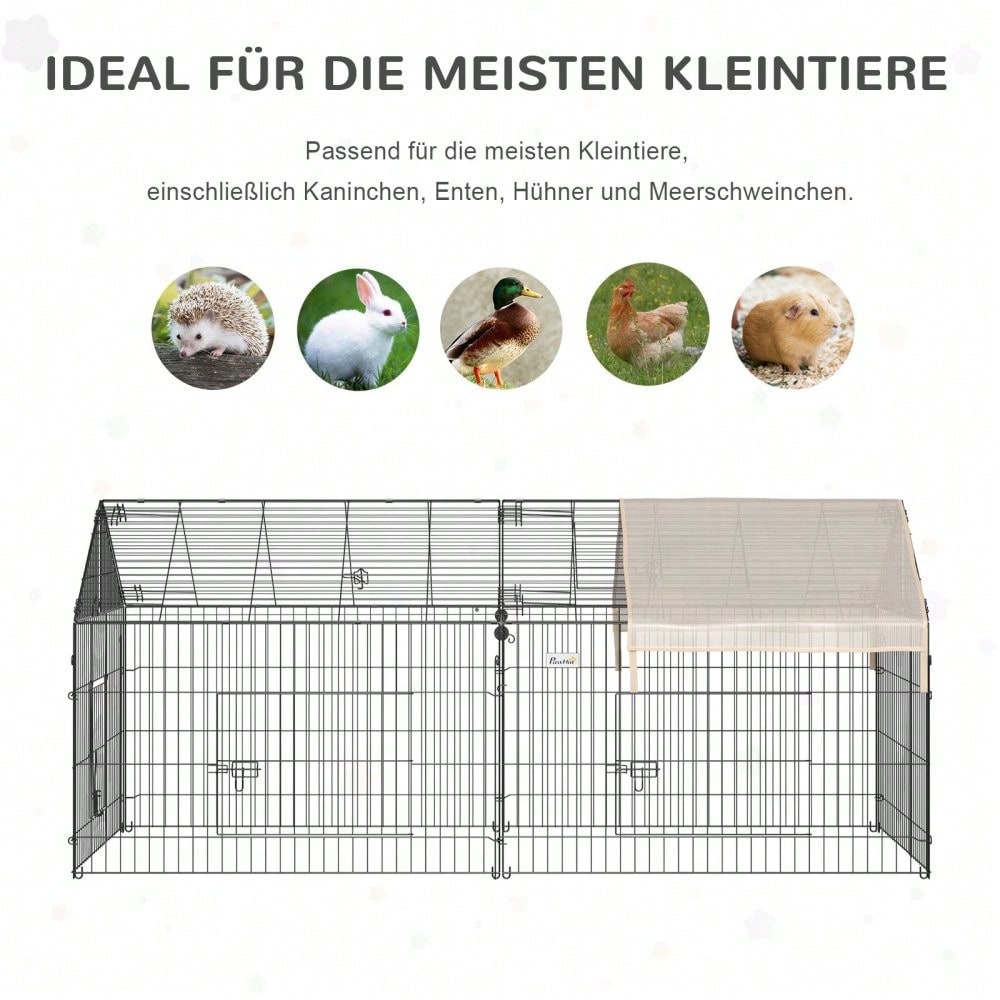PawHut Freigehege für Kaninchen mit Sonnenschutzdach - Großes Außengehege aus Metall, 220x103x103 cm - Kleintierstall für Garten & Terrasse, Farbe: Beige/Schwarz