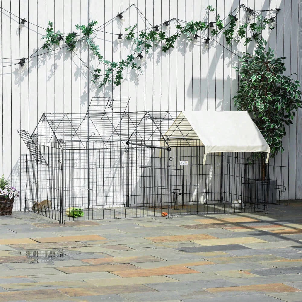 PawHut Freigehege für Kaninchen mit Sonnenschutzdach - Großes Außengehege aus Metall, 220x103x103 cm - Kleintierstall für Garten & Terrasse, Farbe: Beige/Schwarz