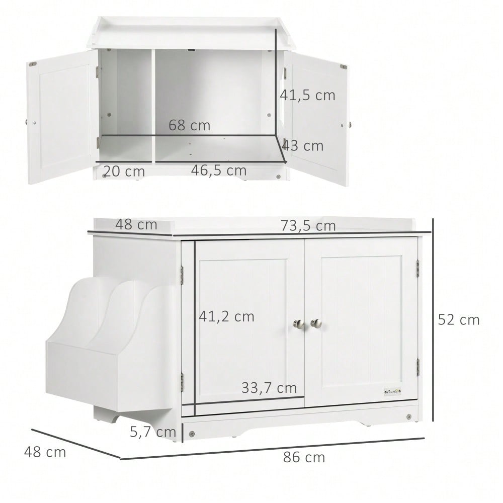 PawHut Katzenschrank mit Toilettenfunktion - Katzentoilette mit verstellbarer Trennwand & Magnettüren - Stilvolles Möbelstück zur Katzentoiletten-Abdeckung, Weiß, 86x48x52 cm