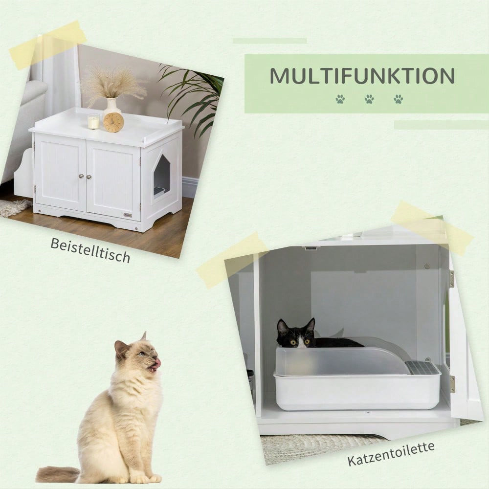 PawHut Katzenschrank mit Toilettenfunktion - Katzentoilette mit verstellbarer Trennwand & Magnettüren - Stilvolles Möbelstück zur Katzentoiletten-Abdeckung, Weiß, 86x48x52 cm