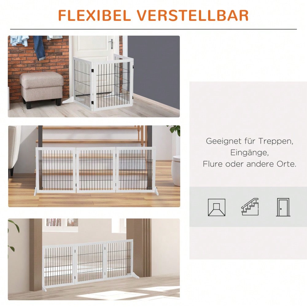 PawHut Treppenschutzgitter & Türgitter aus Kiefernholz - Sicherheitsgitter für Hunde 185x36x71 cm - Stabiler Absperrzaun für Treppen, Türen & Durchgänge, Farbe: Weiß