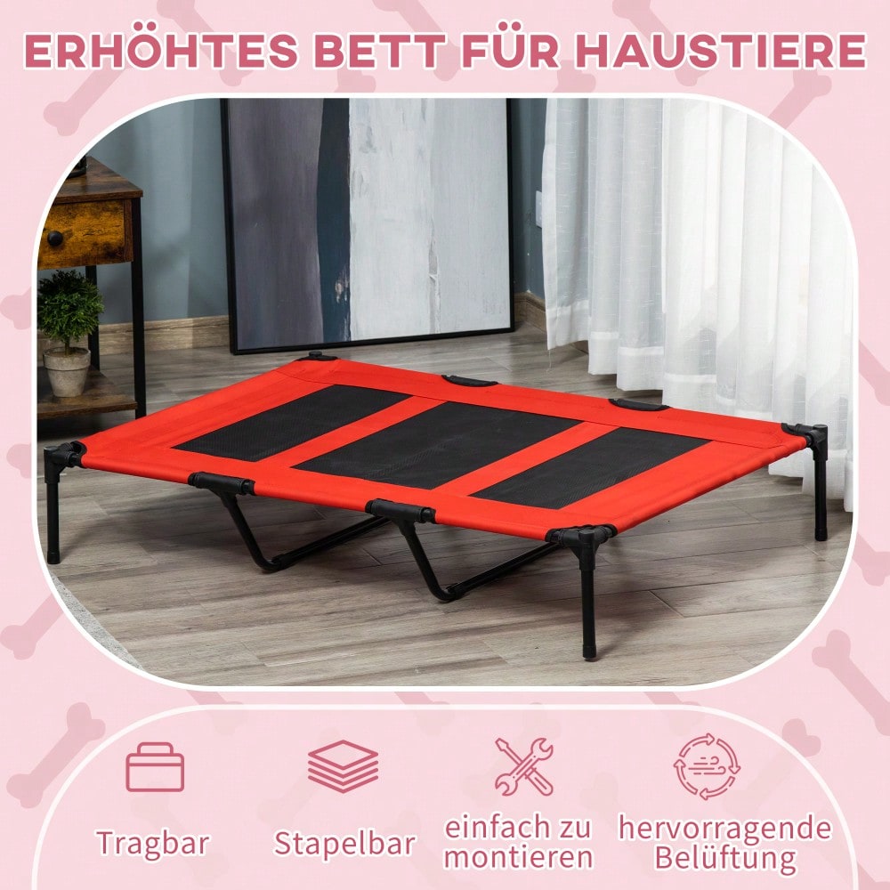 PawHut Erhöhtes Hundebett aus Metall - Orthopädisches Haustierbett mit waschbarem Oxford-Bezug für große Hunde, rot