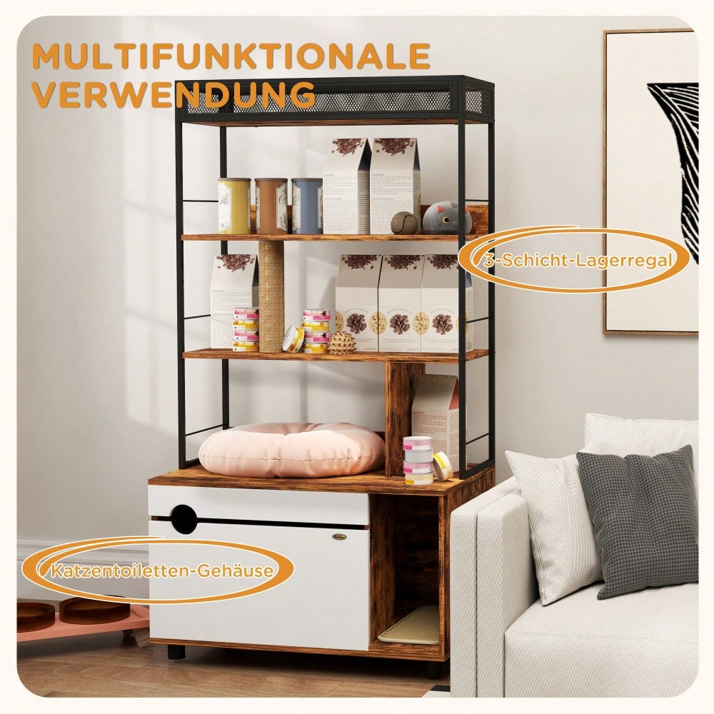 PawHut 2-in-1 Katzenklo Schrank mit Kratzbaum & 3 Regalen | Katzenmöbel mit Klapptür & Kratzpfosten, platzsparendes Katzenhaus für Katzen bis 6 kg | 80x48x152 cm (LxBxH), Rustikal-Braun