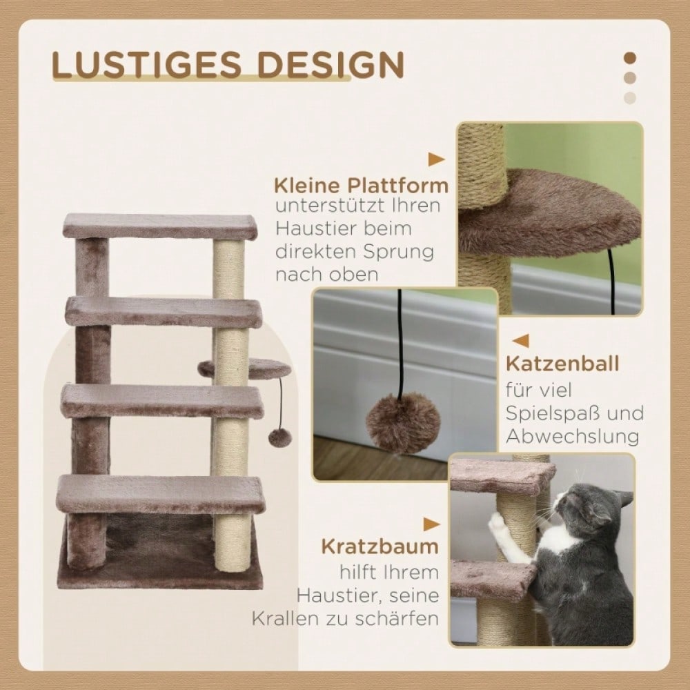 PawHut 2-in-1 Katzenmöbel: 4-stufige Haustiertreppe mit Kratzbaum & Liegefläche | Kratz- und Spielturm für Kleintiere bis 5 kg | Platzsparend, 60x40x64 cm, Braun