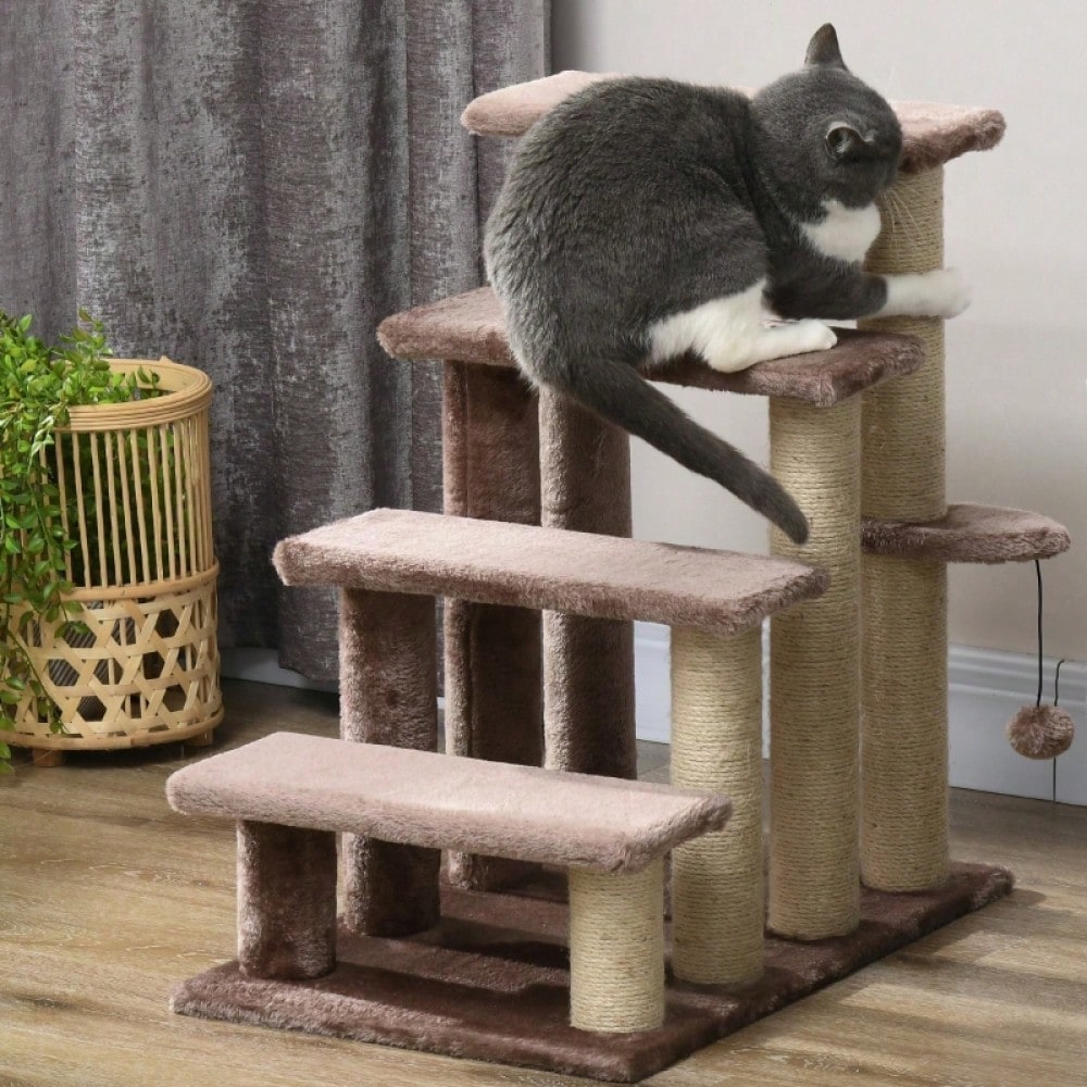 PawHut 2-in-1 Katzenmöbel: 4-stufige Haustiertreppe mit Kratzbaum & Liegefläche | Kratz- und Spielturm für Kleintiere bis 5 kg | Platzsparend, 60x40x64 cm, Braun