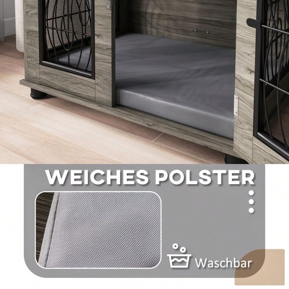 PawHut Hundebox mit weichem Liegekissen & Holzoptik | Transportbox und Schlafkorb für Hunde bis 20 kg (50 cm Körperlänge) | Metallkäfig, 80x56x63 cm, grau
