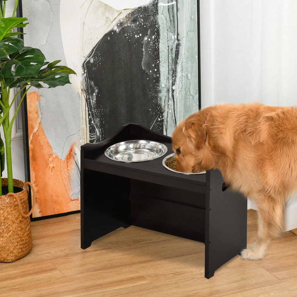 PawHut Höhenverstellbare Futterstation für Hunde & Katzen | Ergonomischer Hundenapf-Ständer mit Edelstahlschüsseln | Aus MDF, höhenverstellbar, 54x31.5x47 cm, dunkelbraun