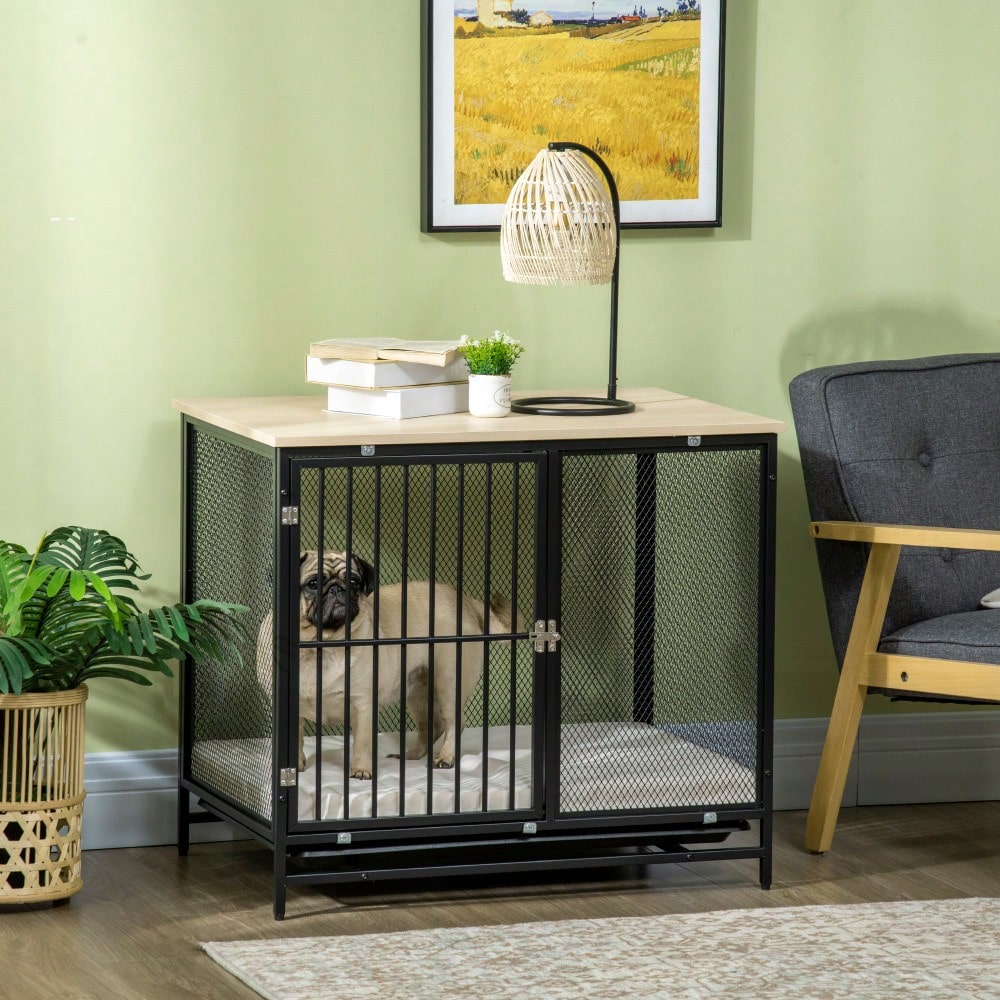 PawHut 2-in-1 Hundehaus mit Arbeitsplatte & Kissen | Hundekäfig mit ausziehbarer Bodenwanne für einfache Reinigung | Hundehütte in Eichenoptik & Schwarz, 80x55x71 cm