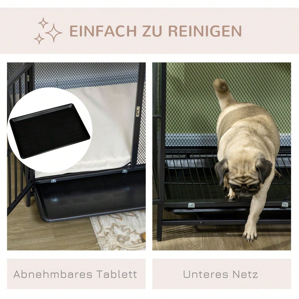 PawHut 2-in-1 Hundehaus mit Arbeitsplatte & Kissen | Hundekäfig mit ausziehbarer Bodenwanne für einfache Reinigung | Hundehütte in Eichenoptik & Schwarz, 80x55x71 cm