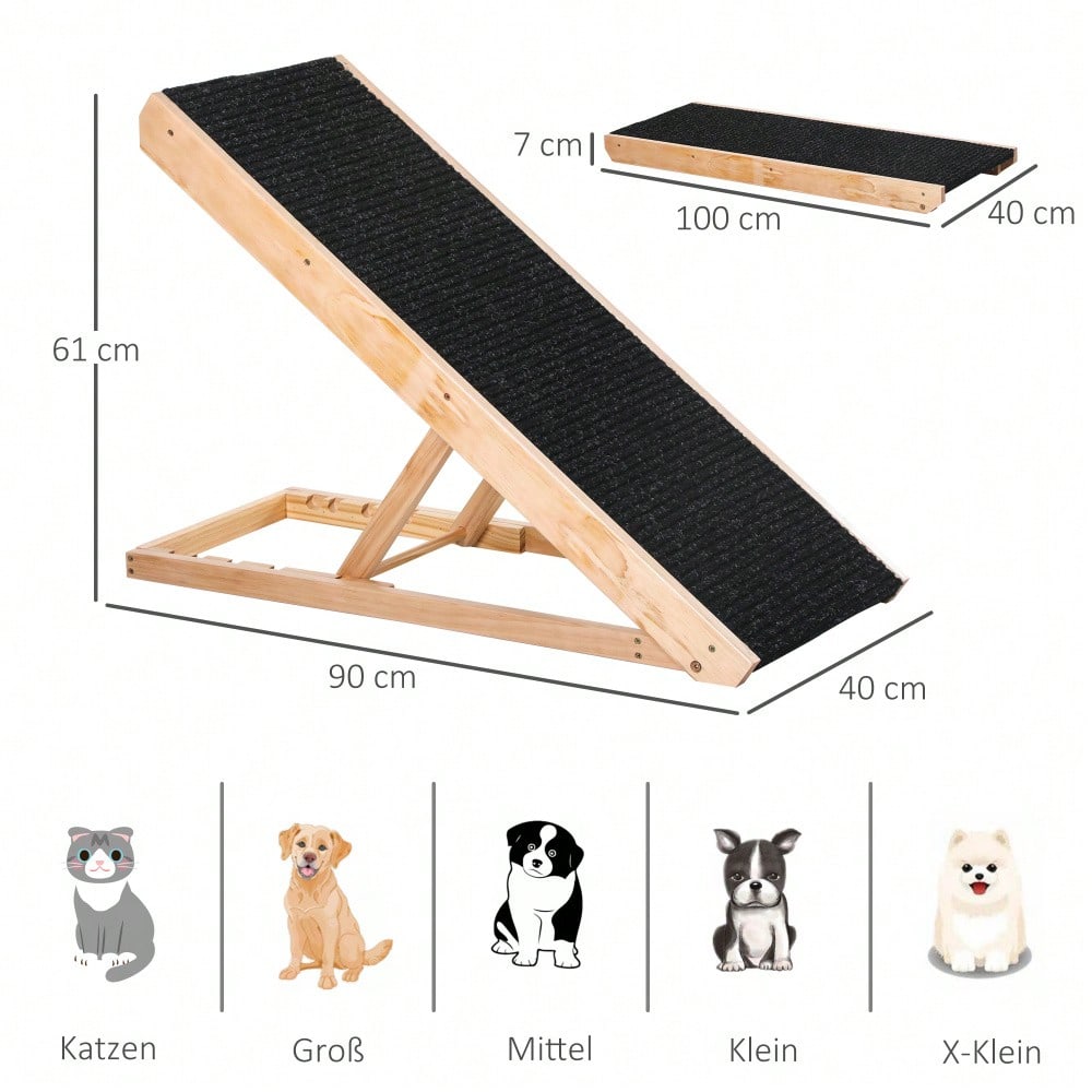 PawHut Verstellbare Hunderampe mit rutschfestem Teppich | Haustierrampe aus Kiefernholz für Auto, Couch & Bett | Anti-Rutsch Oberfläche für Hunde & Katzen bis XX kg, 90x40x61 cm