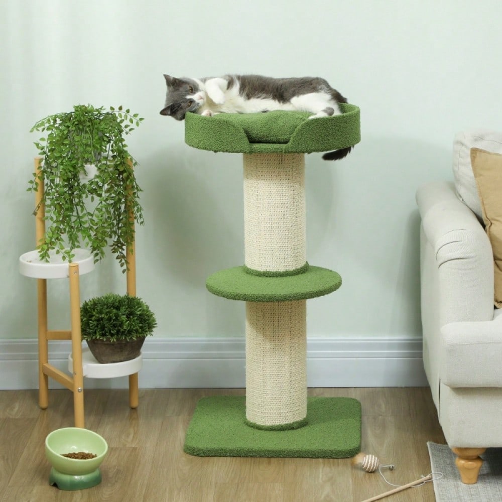 PawHut Kratzbaum 91 cm mit Katzenbett & Plattform | Spielbaum aus weicher Lammwolle in Grün | Stabiler Katzenbaum mit kuscheligem Schlafplatz, 91x45x45 cm