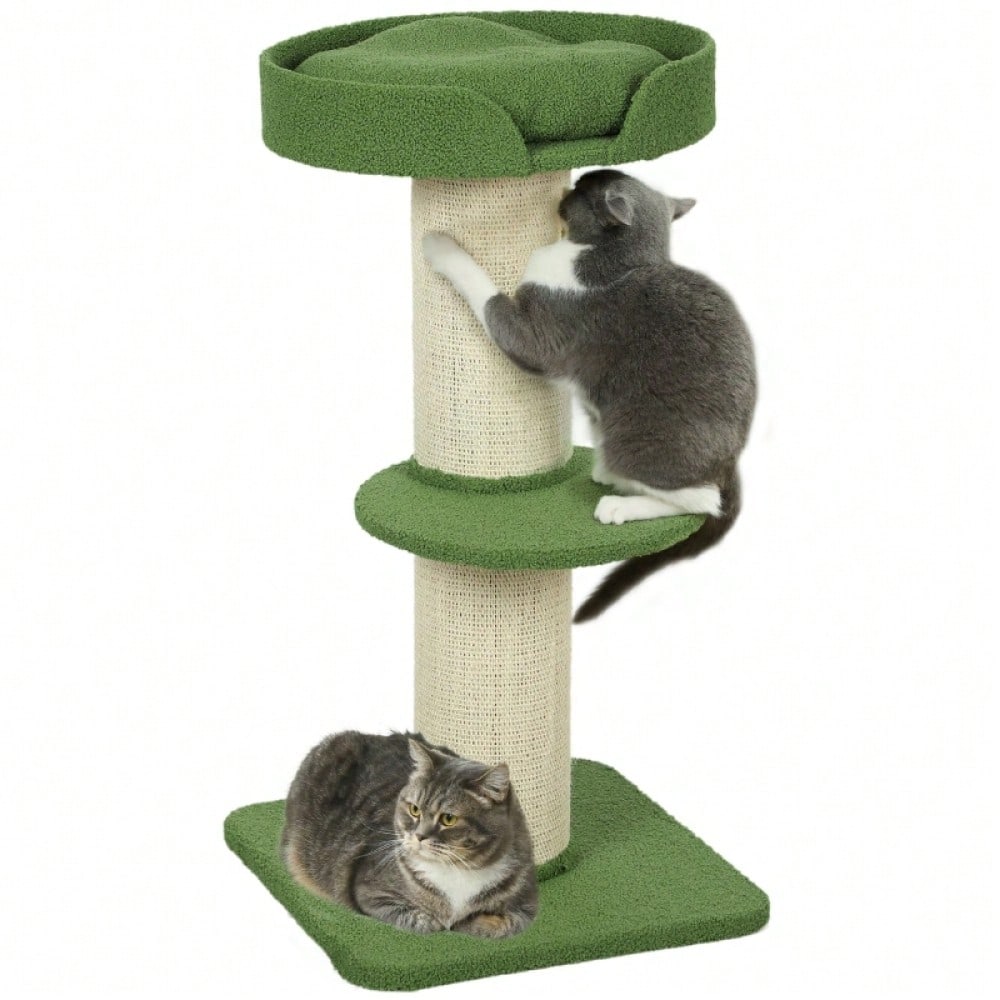 PawHut Kratzbaum 91 cm mit Katzenbett & Plattform | Spielbaum aus weicher Lammwolle in Grün | Stabiler Katzenbaum mit kuscheligem Schlafplatz, 91x45x45 cm