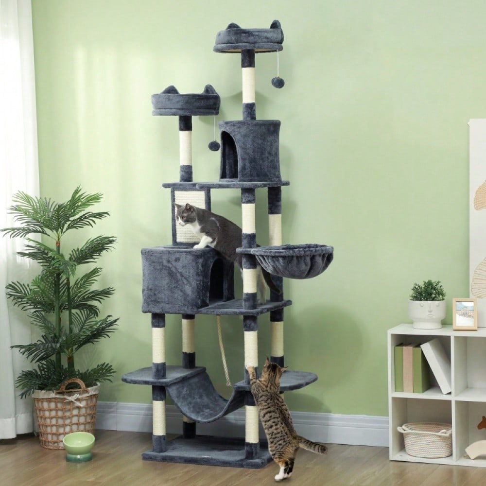PawHut Kratzbaum 206 cm Katzenturm mit Höhle & 2 Spielbällen | Großer Kratzbaum mit Sisalstämmen & Plattform für schwere Katzen | Stabiler Katzenbaum in Dunkelgrau, platzsparend