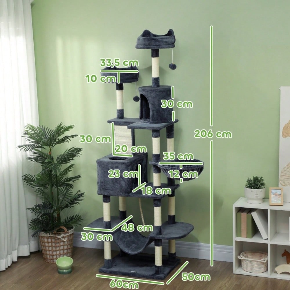 PawHut Kratzbaum 206 cm Katzenturm mit Höhle & 2 Spielbällen | Großer Kratzbaum mit Sisalstämmen & Plattform für schwere Katzen | Stabiler Katzenbaum in Dunkelgrau, platzsparend