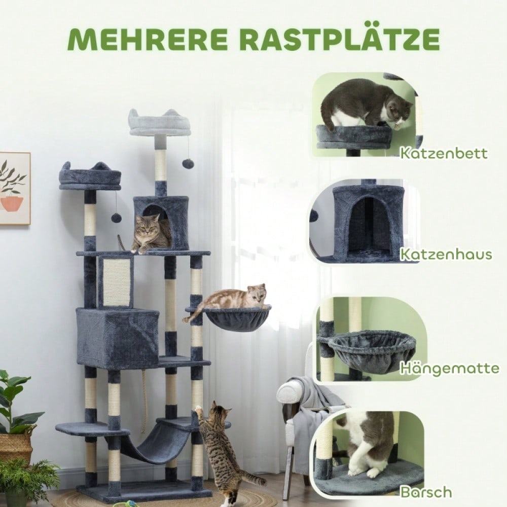 PawHut Kratzbaum 206 cm Katzenturm mit Höhle & 2 Spielbällen | Großer Kratzbaum mit Sisalstämmen & Plattform für schwere Katzen | Stabiler Katzenbaum in Dunkelgrau, platzsparend