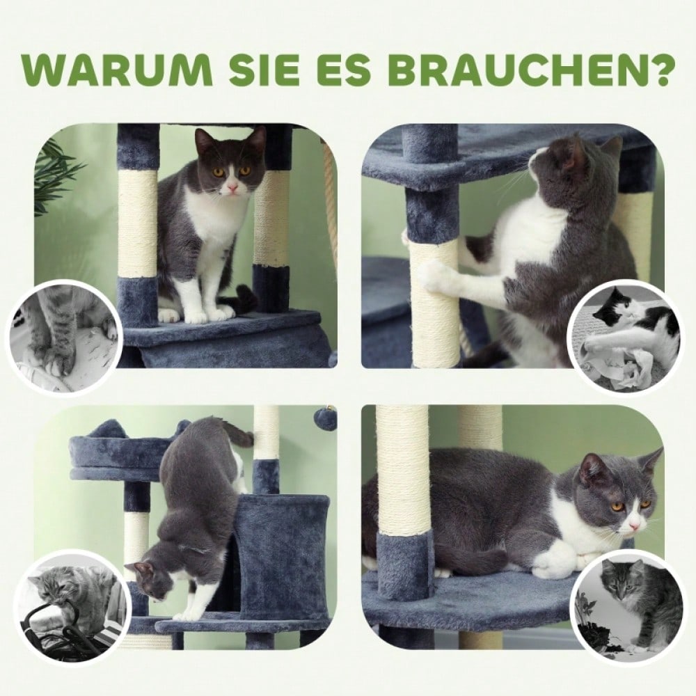 PawHut Kratzbaum 206 cm Katzenturm mit Höhle & 2 Spielbällen | Großer Kratzbaum mit Sisalstämmen & Plattform für schwere Katzen | Stabiler Katzenbaum in Dunkelgrau, platzsparend