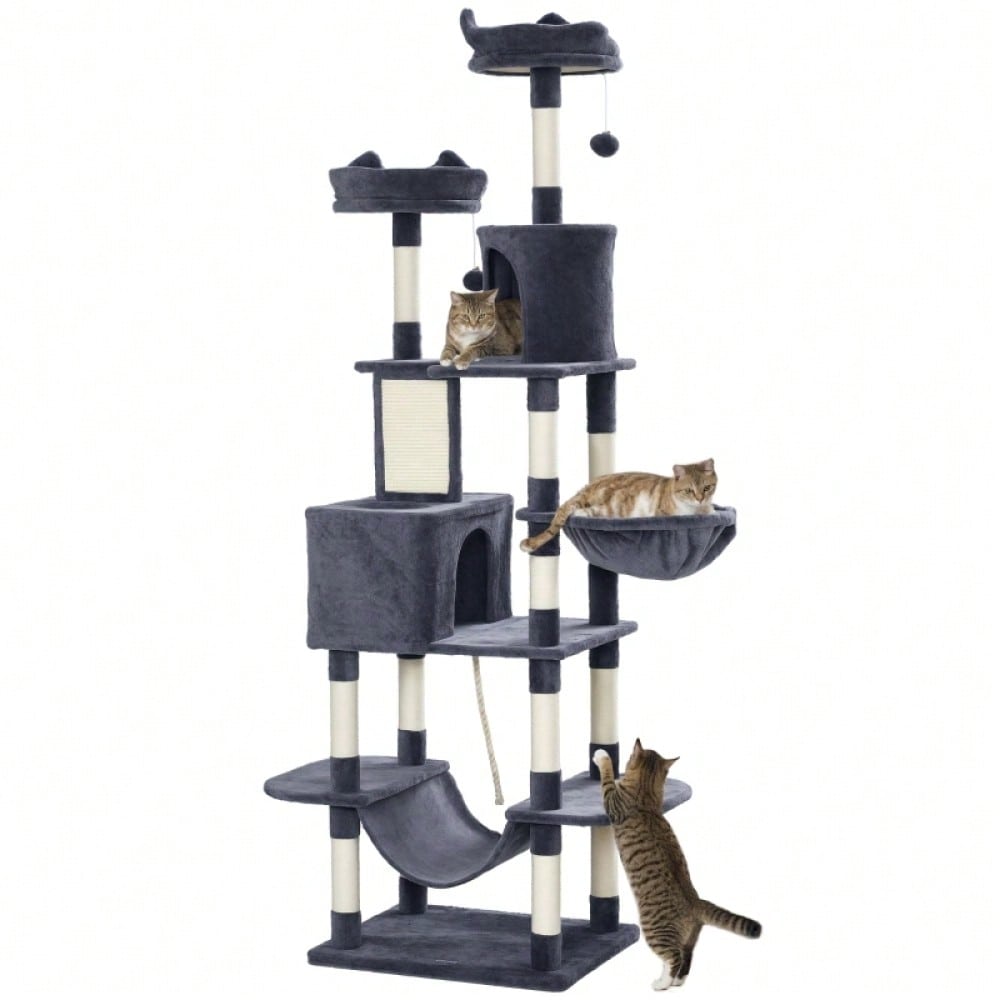 PawHut Kratzbaum 206 cm Katzenturm mit Höhle & 2 Spielbällen | Großer Kratzbaum mit Sisalstämmen & Plattform für schwere Katzen | Stabiler Katzenbaum in Dunkelgrau, platzsparend