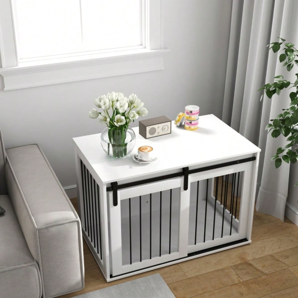 PawHut Hundebox mit Schiebetür & Belüftung | Transportbox aus Spanplatte & Stahl | Für kleine Hunde, 98x58x61 cm, weiß