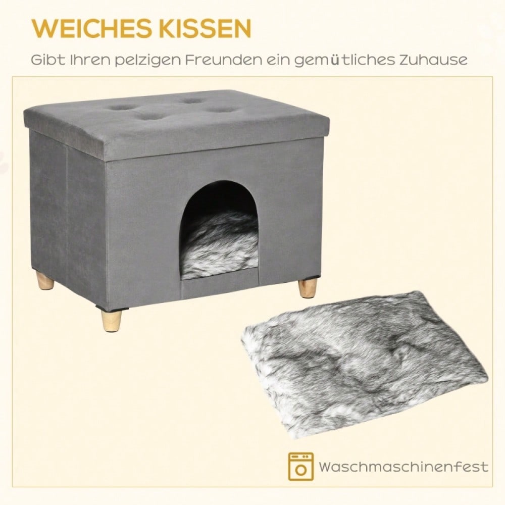 PawHut 2-in-1 Katzenhöhle & Fußhocker mit abnehmbarem Kissen | Katzenmöbel mit Holzbeinen und weicher Polsterung | Elegante Ottomane in Grau, 60x45x44,5 cm