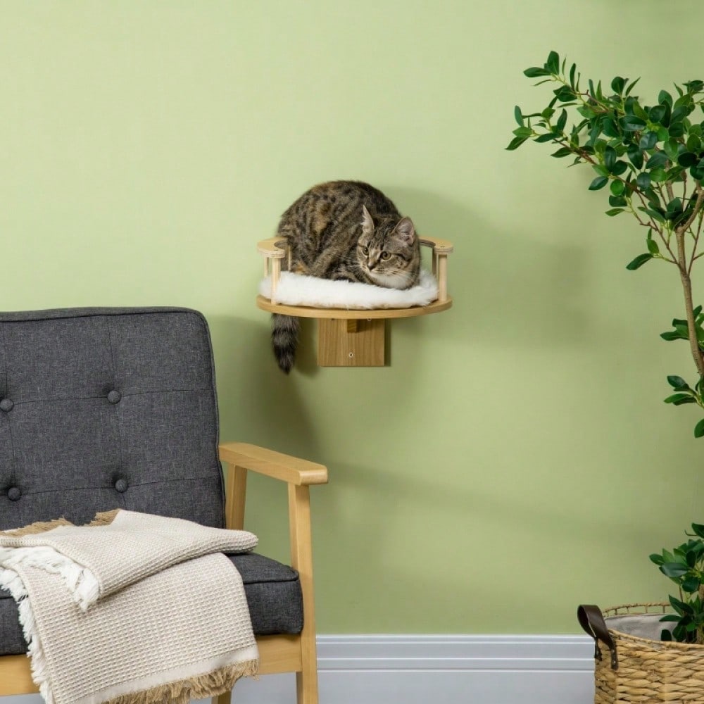 PawHut Wandmontage Katzenbett mit Schutzrand & weichem Kissen | Wandliege für Katzen in Eiche & Cremeweiß | Platzsparendes Hängeschlafplatz, 34x34x10,5 cm