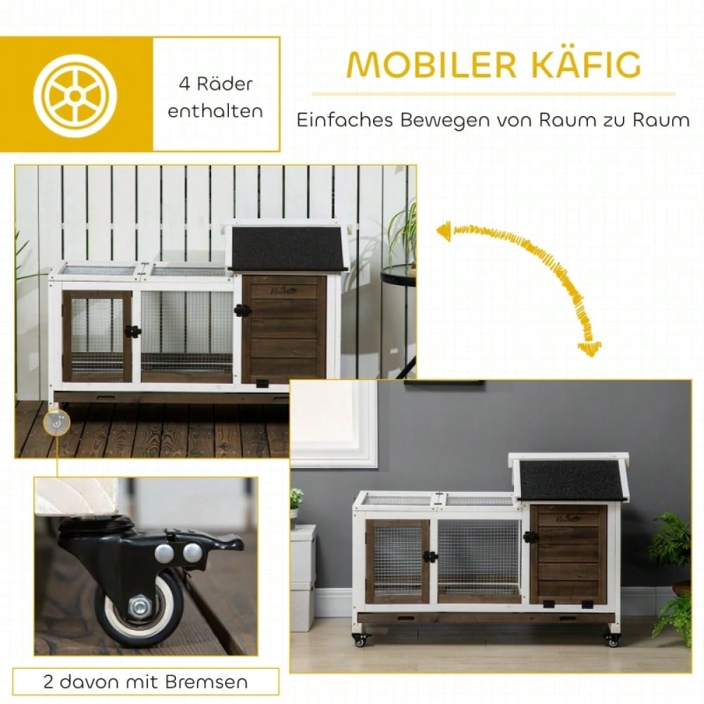PawHut Kleintierstall mit Rädern für Zwergkaninchen & Meerschweinchen | Mobiler Nagervilla mit praktischen Rollen | Großes Gehege 108x58x73,5 cm in Kaffee-Optik