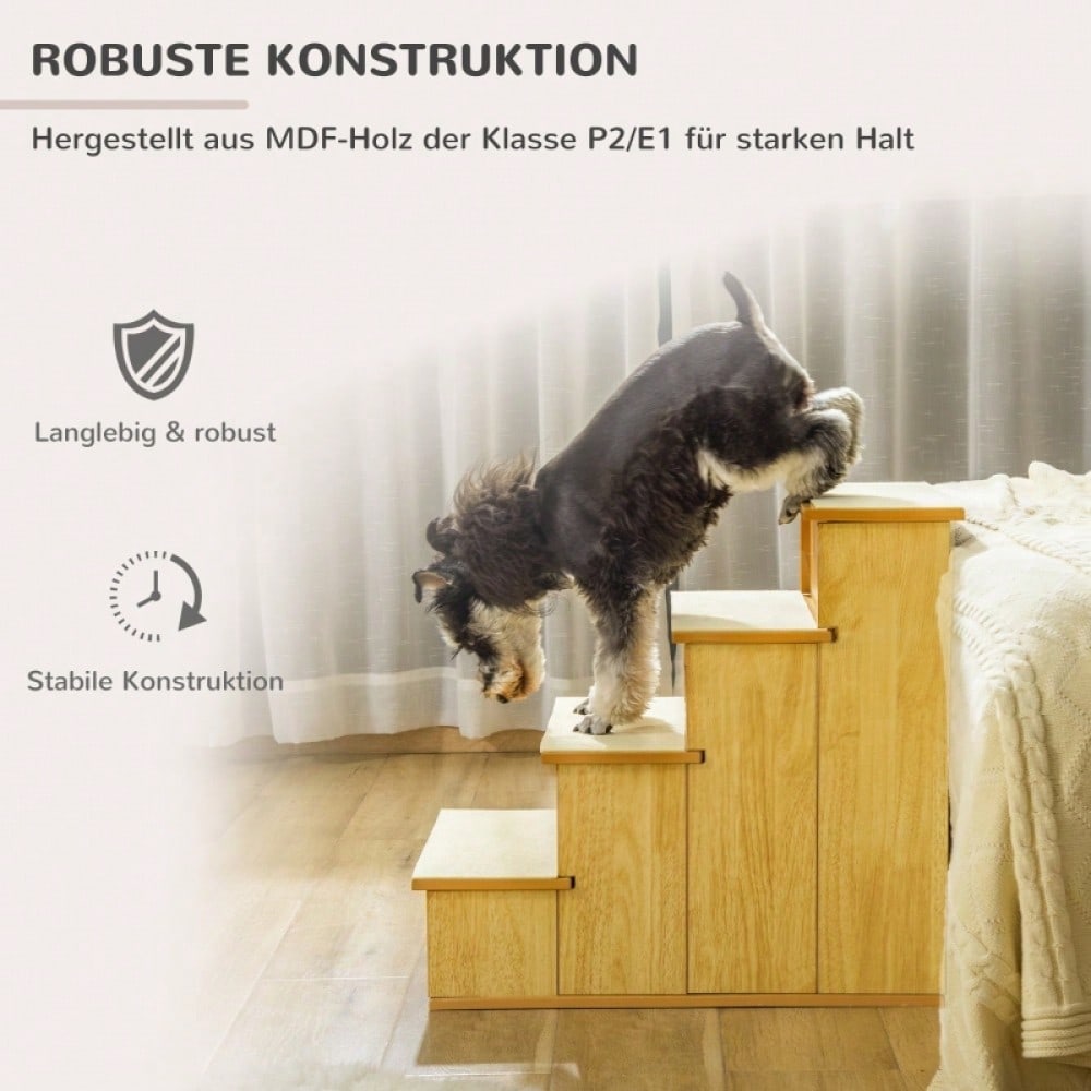 PawHut 4-stufige Haustiertreppe für Hunde & Katzen bis 30 kg | Mit weichem Kurzplüsch & rutschfesten Stufen | Trittsicher, 40x59x54,2 cm, Natur