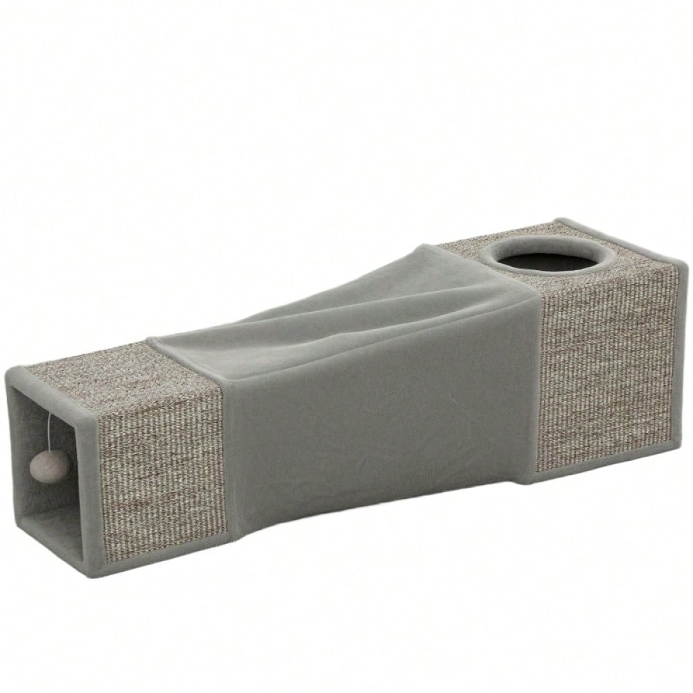 Katzentunnel mit Spielball & Katzenhöhle: Faltbarer Spieltunnel aus Sisal mit Kombi-Design, 98x30x30 cm, braun/grau - Katzenspielzeug von PawHut