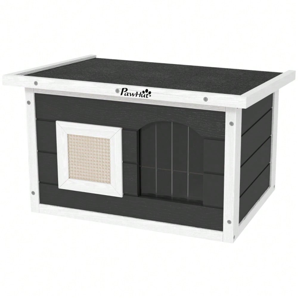 Katzenhaus aus Holz für Indoor & Outdoor: Wetterfeste Katzenhütte mit Klappdach, Kratzmatte, Türklappe und herausnehmbarem Boden, 61x45x36.5 cm, grau - von PawHut