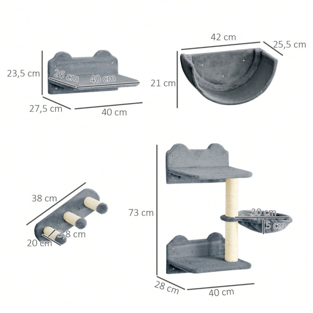 Kletterwand für Katzen 4-teilig mit Hängematte & Katzentreppe: Wandmontage Katzenmöbel mit Kratzbrett und Plattform, für Katzen bis 5 kg - von PawHut