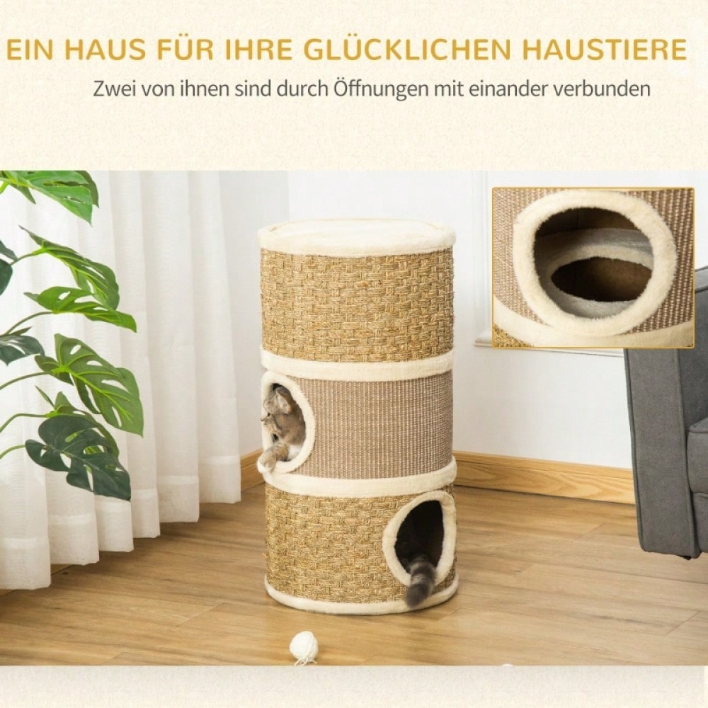 Kratztonne für Katzen mit 3 Ebenen – Kratzbaum mit Sisal-Strick und weicher Plüsch-Liegefläche, 70 x 37,5 x 37,5 cm (HxBxT), für Katzenliebhaber – von PawHut